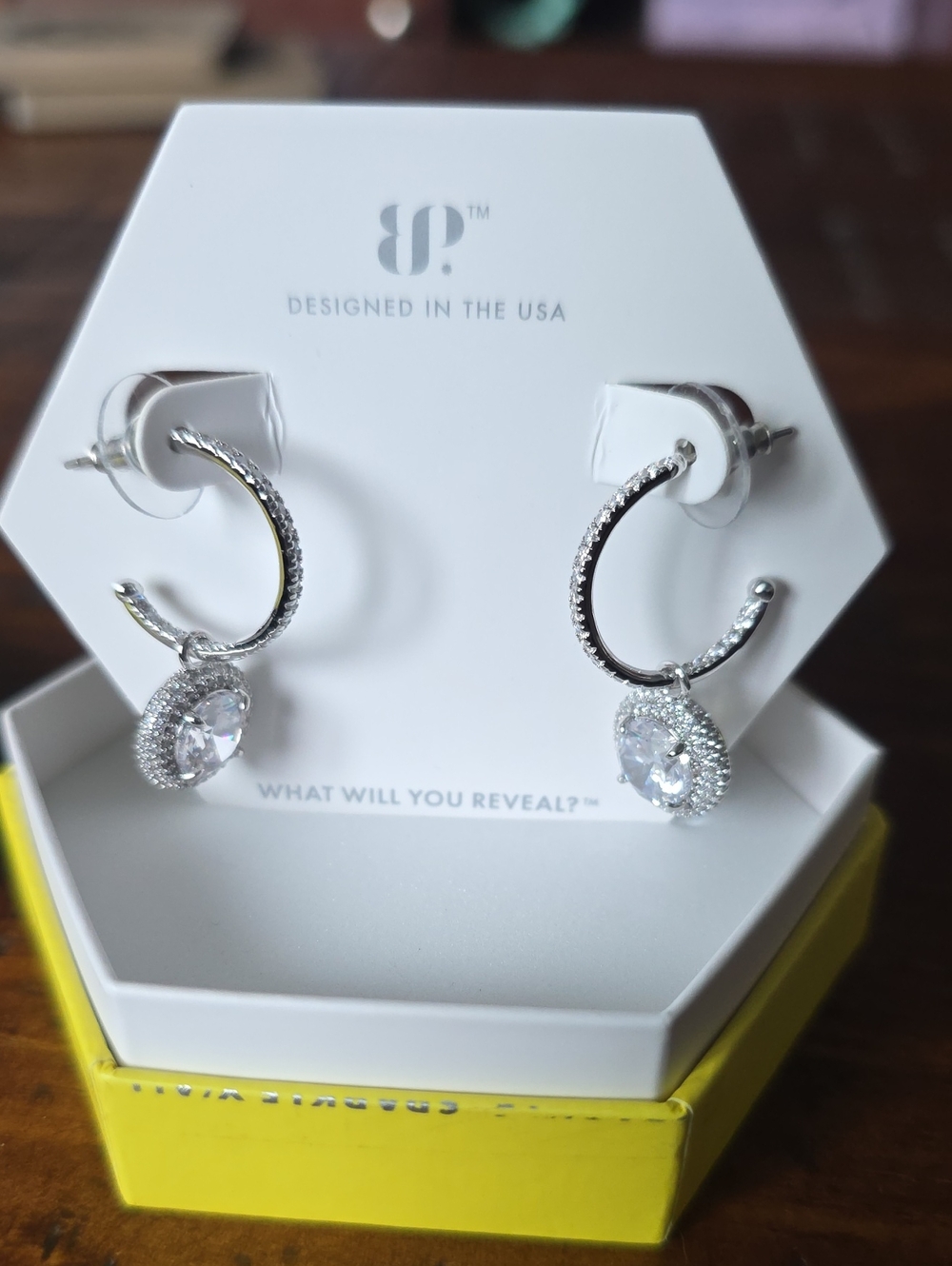 Silver Hoop Drop Earrings with Crystal Accent